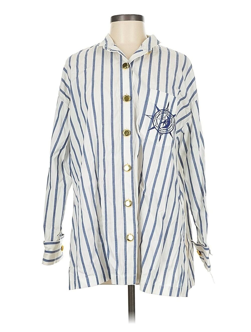 VTG Andrea Jovine Nautical Blue White Striped Gold Buttons Button up Deadstock